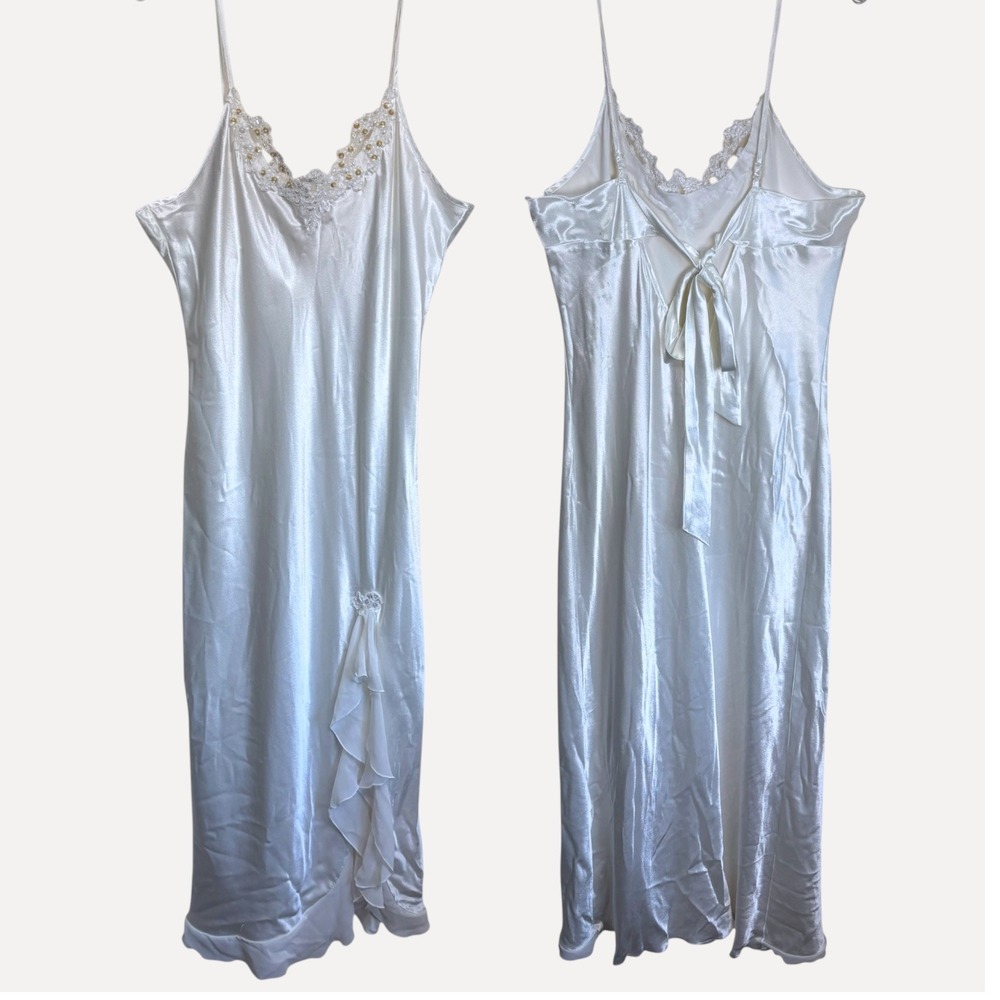 Vintage Linea Donatella Nightgown Sz L Ivory Satin Lace Ruffle Maxi Dress Bridal